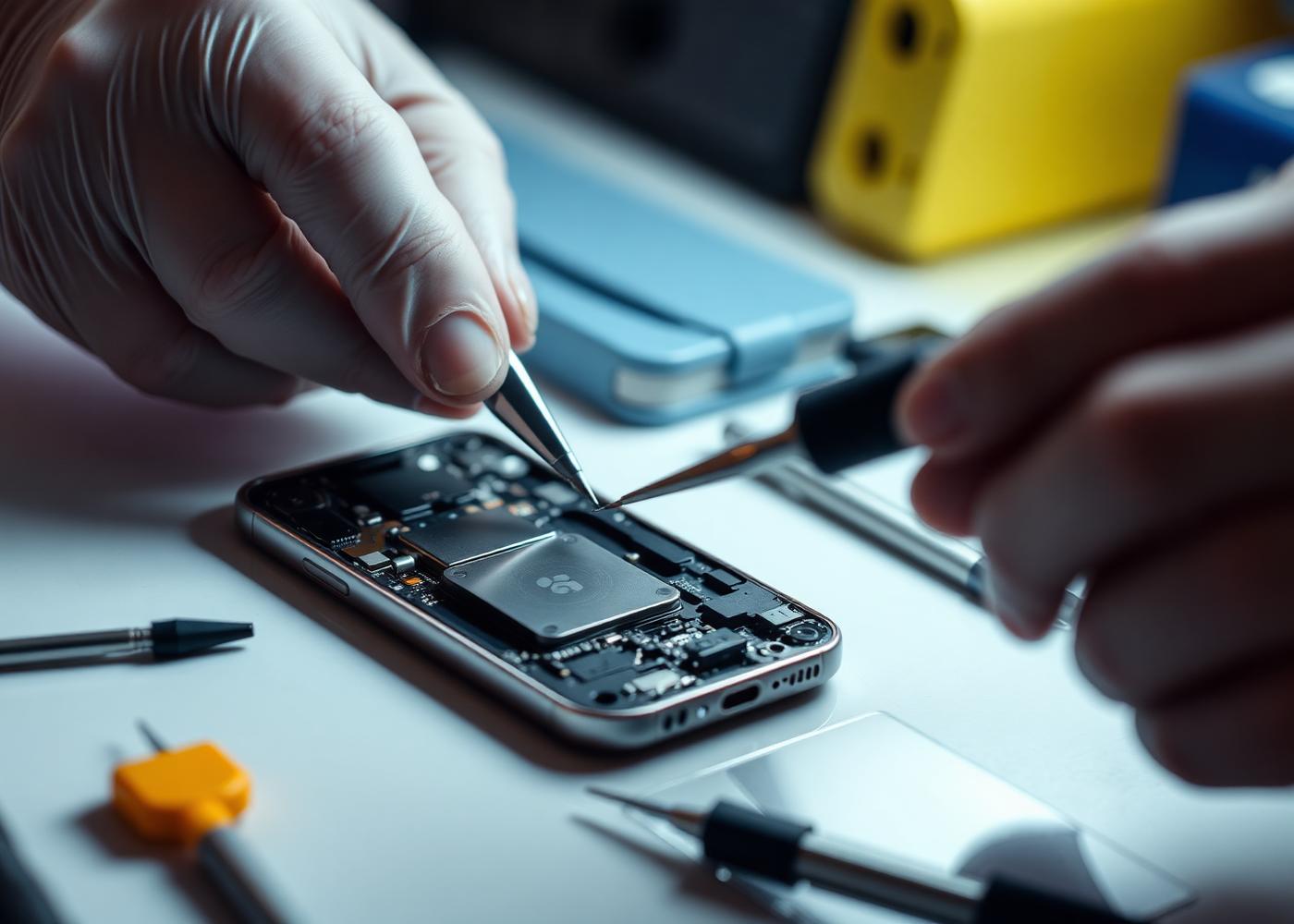 Tecnico al lavoro su smartphone aperto